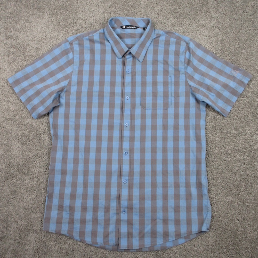 Travis Mathew Shirt Mens XL Blue Gray Gingham Performance Short Sleeve Button Up